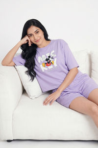Zivame Mickey & Friends Knit Cotton Loungewear Short Set - Pastel Lilac — thumbnail 4